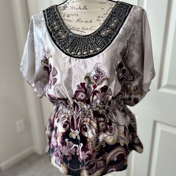 Satin Silver & Purple Paisley Batwing Sleeved Top with Beads & Gems for Accent - Picture 1 of 10